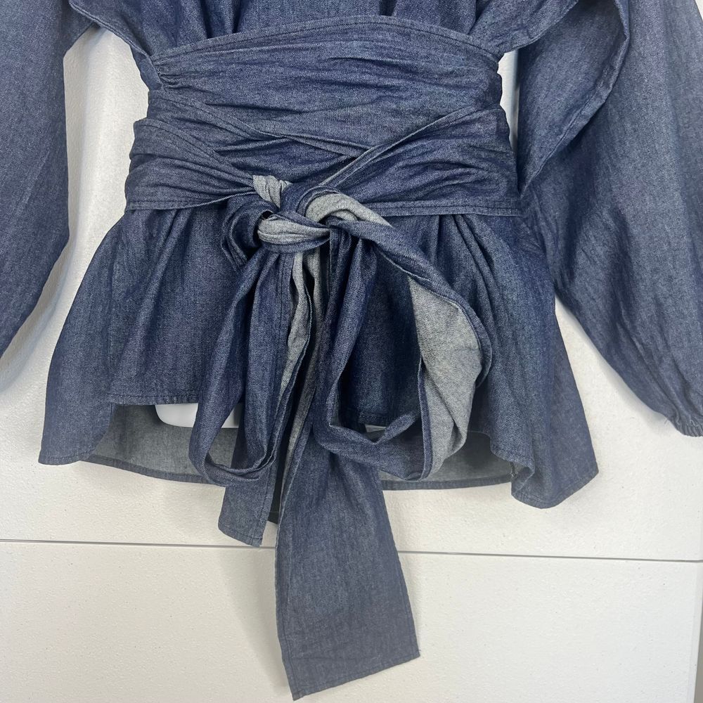 Eloquii Denim-Look Tie-Waist Peasant Blouse in Dark Blue - Picture 5 of 14